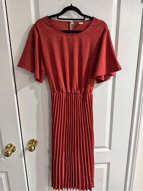 Women's Red Pleated Midi Dress with Flutter Sleeves